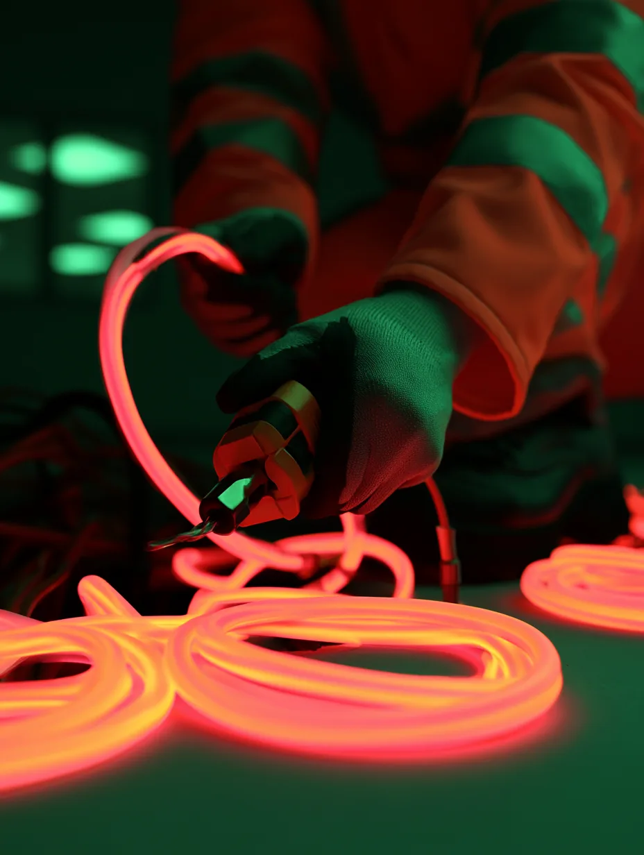 An engineer in gloves cutting a lit cable run coiled on a workbench