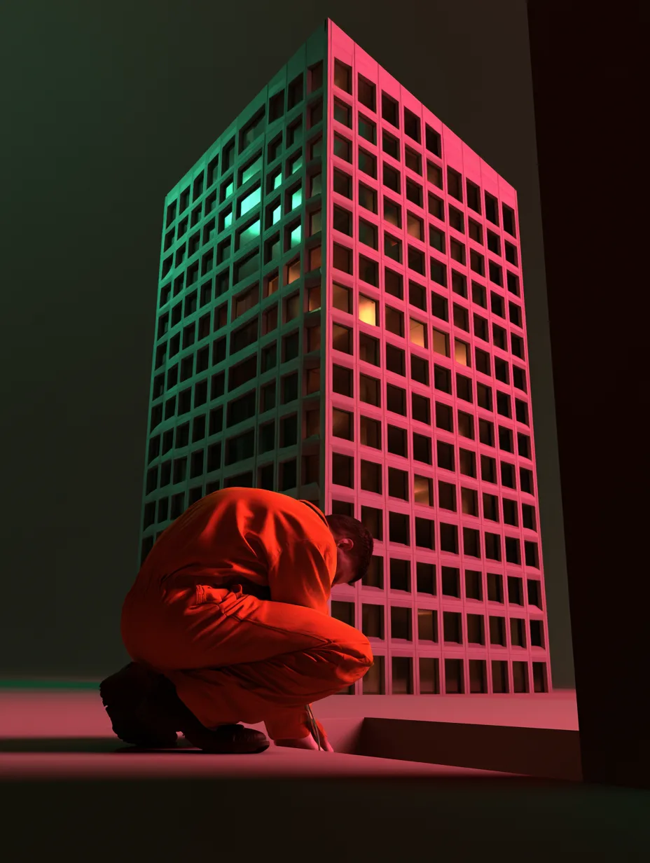 An engineer crouched beside a lit scale model of an office block, planning a riser route