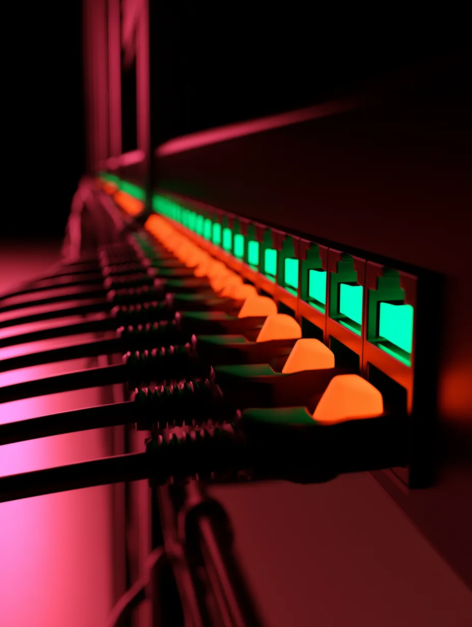 A row of lit port indicators across the face of a patched network switch